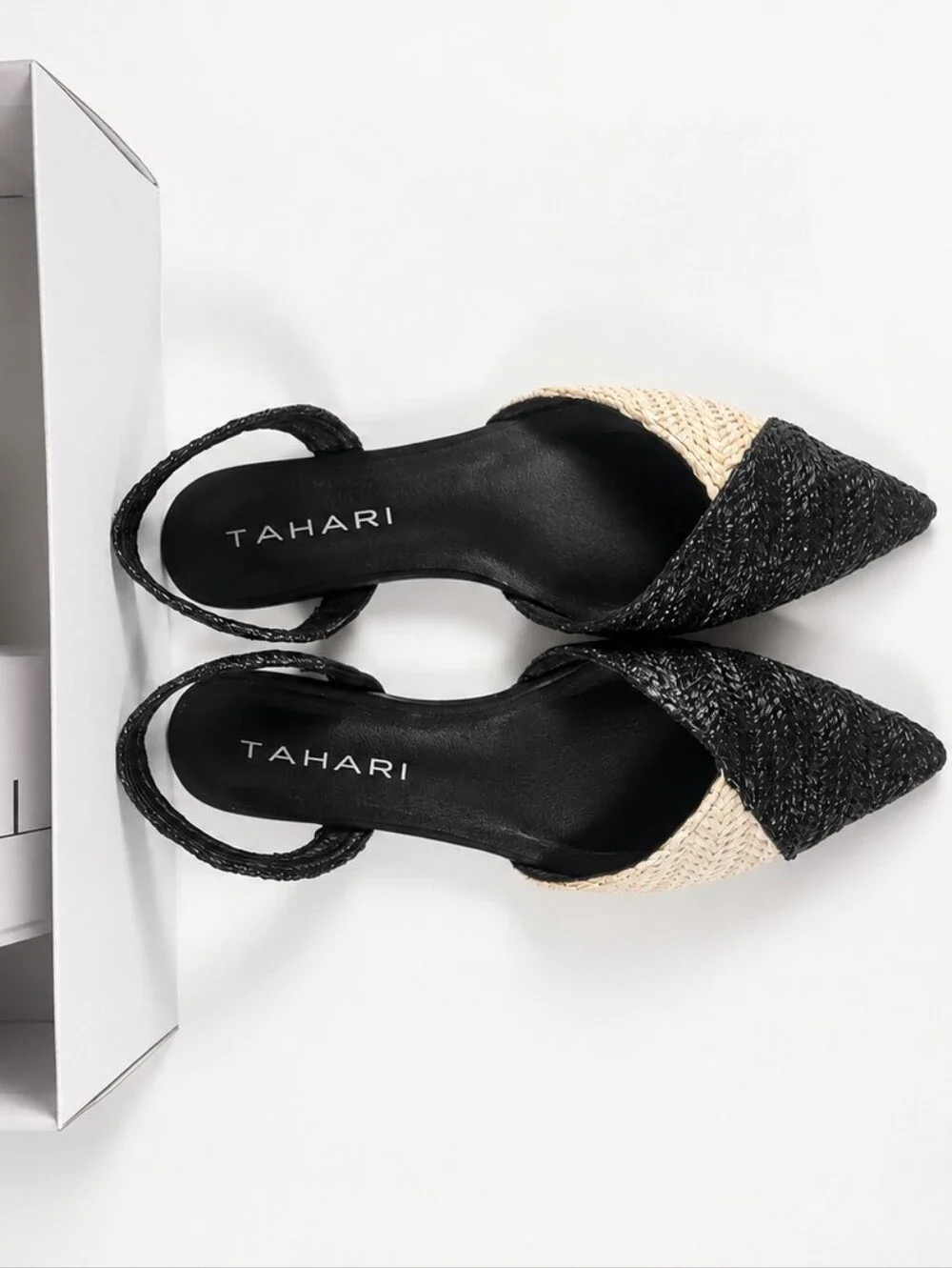 Tahari Rio Black Ivory Raffia Woven Slingback Flats Multiple Sizes